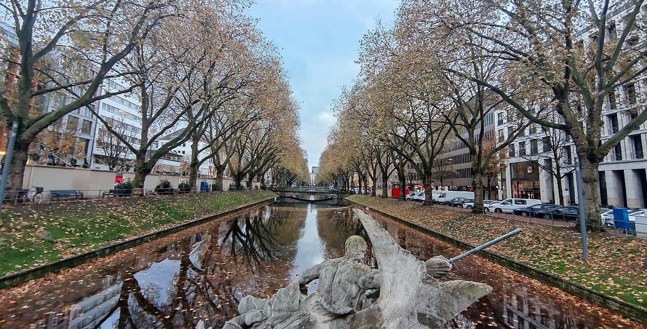 Auch auf der Königsallee öffnen die Geschäfte an diesem Sonntag ihre Türen (Foto: Anna Urban) Zu sehen ist ein Gewässer mit Bäumen auf beiden Seiten im Herbst