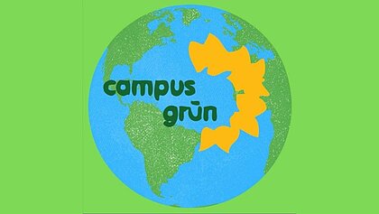 Eine Weltkugel auf hellgrünem Hintergrund mit dem dunkelgrünen Schriftzug "Campus grün" ist zu sehen.