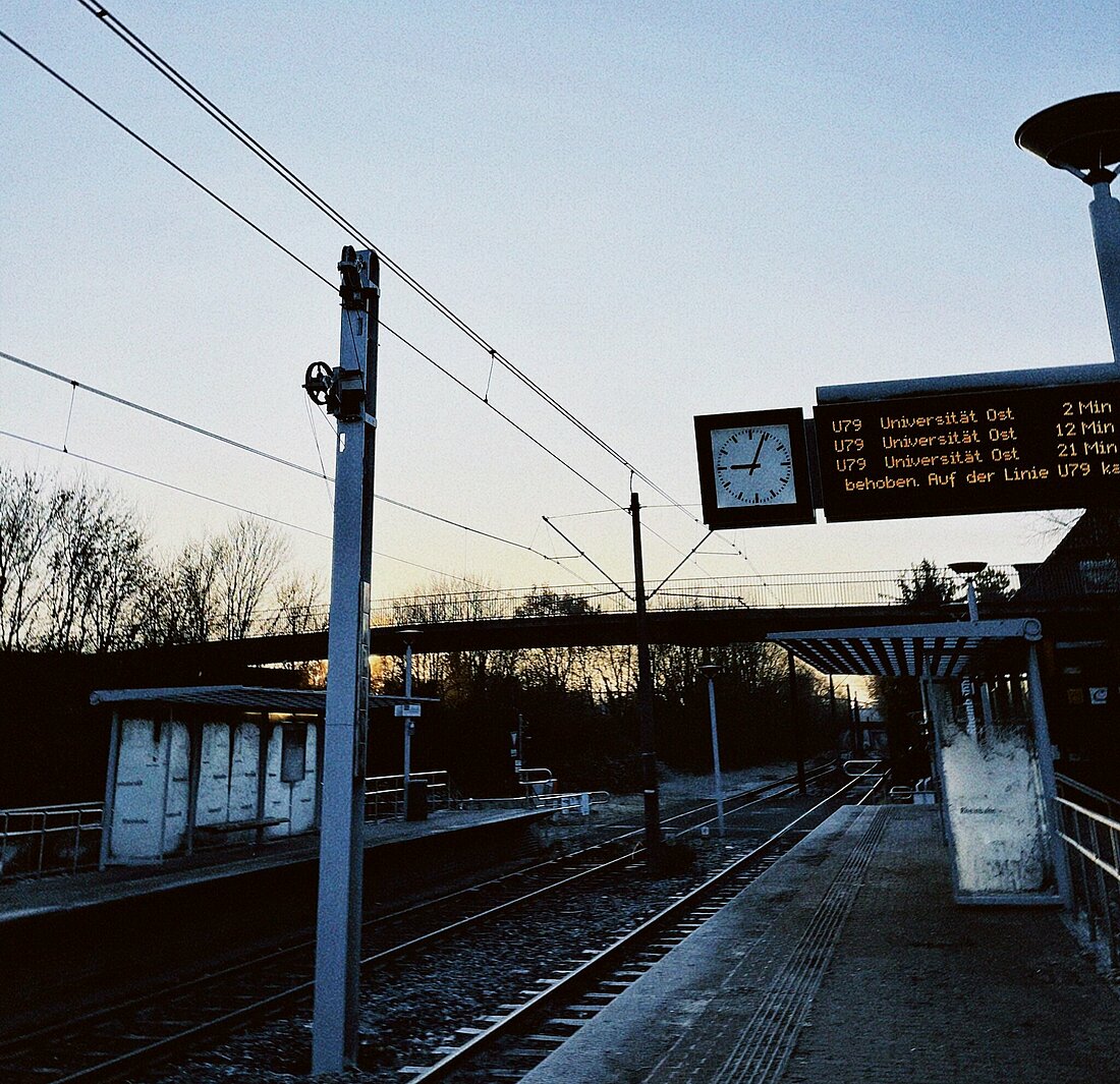 Die U79 fährt von Lohhausen aus bis zur Haltestelle Uni Ost/Botanischer Garten. (Foto: Mia Hellbeck) Zu sehen ist eine Bahnhaltestelle in Lohhausen und eine Tafel auf der die nächste Fahrt Richtung Uni Ost/Botanischer Garten angeschlagen ist.