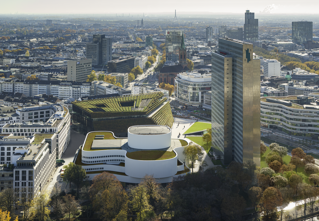 Zu sehen ist das K II, das Schauspielhaus und das Dreischeibenhaus.