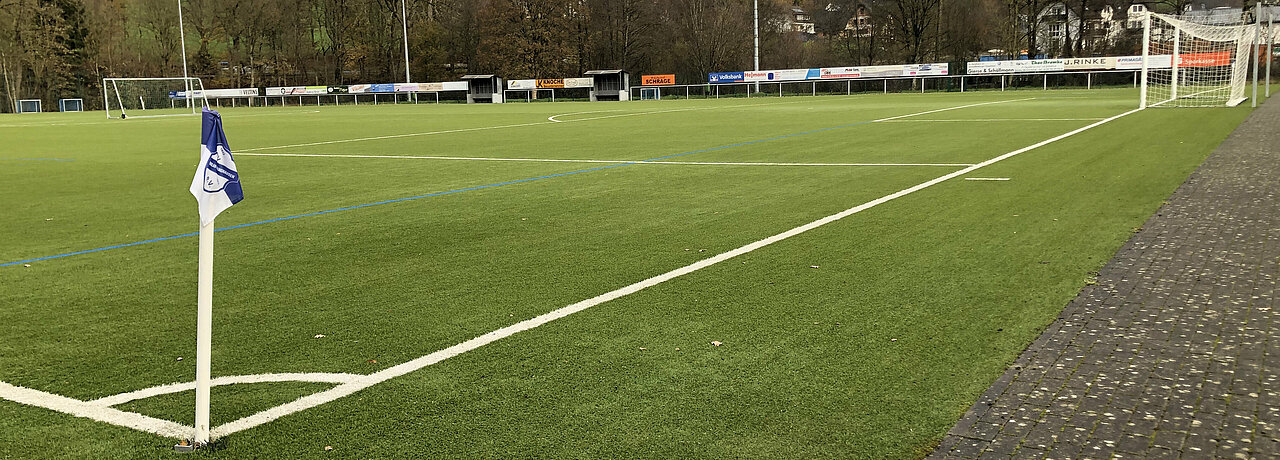 Die WM in Katar hat begonnen. Sportjournalist Maximilian Rieger und Dr. Marco Lünich, Dozent für Medienwissenschaften, im Interview. (Foto: Julia Vollmer) Zu sehen ist ein Fußballplatz.