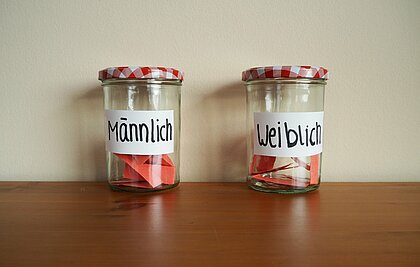Zwei Marmeladengläser stehen auf einer Holzplatte vor einer Wand. Auf einem Glas klebt ein Etikett mit der Aufschrift "Männlich", auf dem anderen steht "Weiblich". Es sind kleine Zettel in den Gläsern.