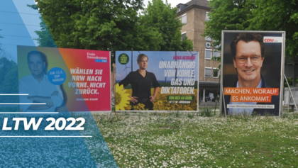 Zu sehen sind drei große Wahlplakate auf einer Wiese