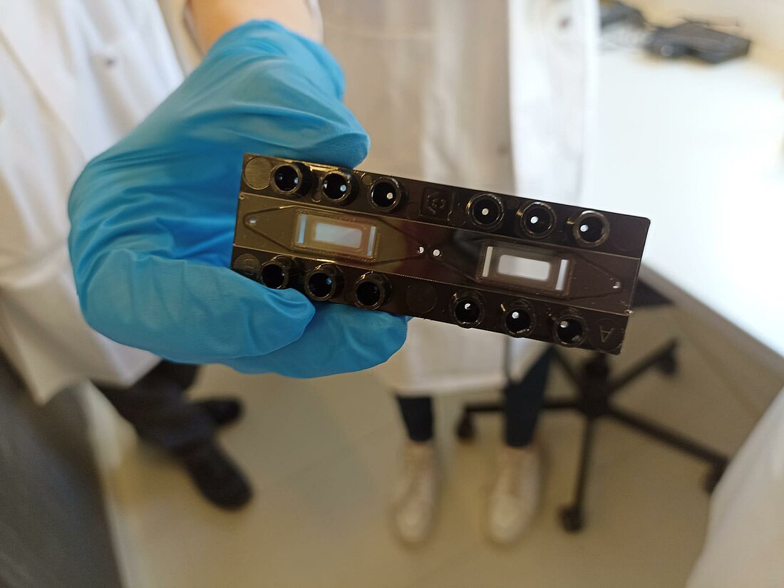 Zu sehen ist eine Hand in einem Laborhandschuh, die eine kleine schwarze Disk hält.