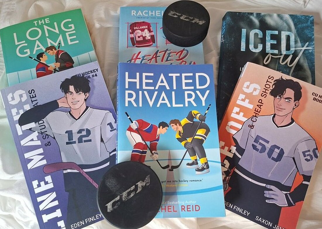 Auf dem Bild sieht man Pucks und verschiedene Buchcover