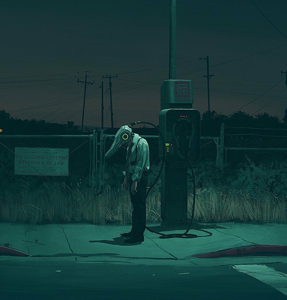 the electric state_02 Man sieht einen Mann mit Neurocaster, welcher an eine Ladestation angeschlossen ist