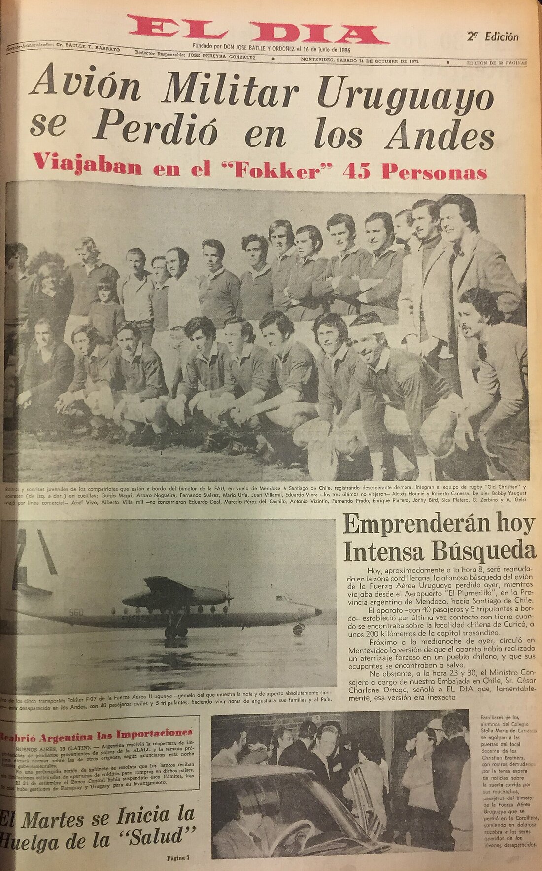 Auf dem Bild sieht man einen Artikel von 'El Dia' vom 14.10.1972. Das Titelbild ist ein Mannschaftsbild des abgestürzten Rugby Teams