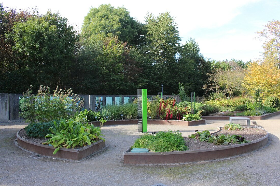 Man sieht einen rund angelegten Gartenabschnitt mit einem Pfeiler mit der Schrift "Aus aller Welt".