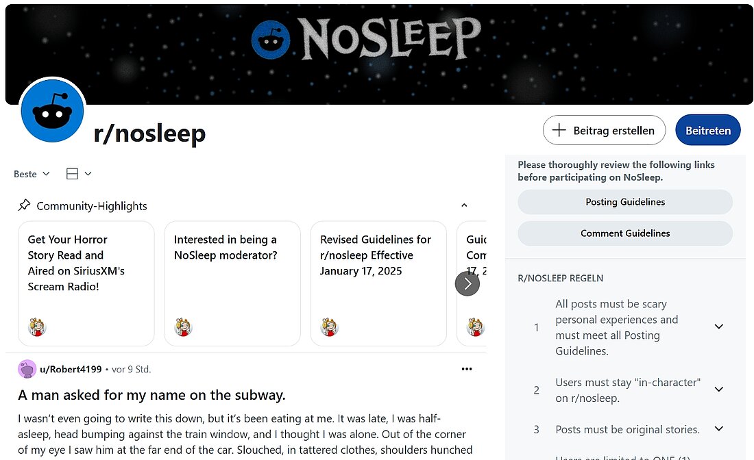 Auf dem Bild sieht man die Homepage des Subreddits für Creepypasta r/nosleep. Links sieht man den Anfang einer der Geschichten, rechts stehen die Community-Guidelines