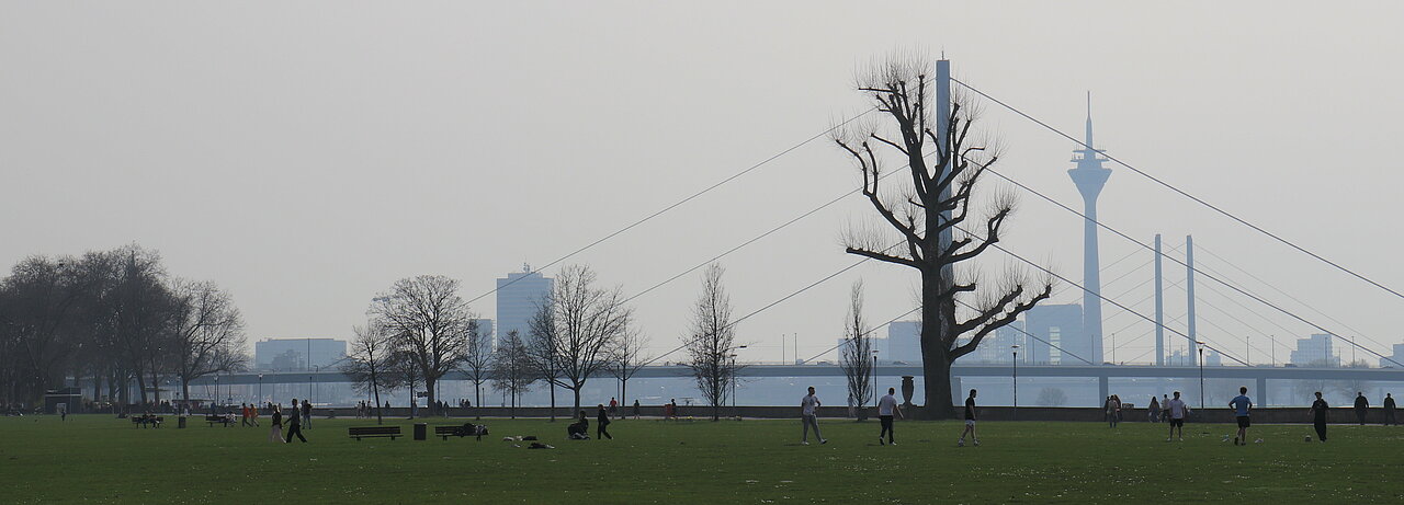Auf dem Bild sieht man das Rheinfuer von Düsseldorf bei gutem Wetter. Im Hintergrund sieht man die mit dem Rheinturm Skyline