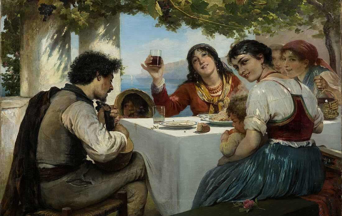 Auf dem Bild sieht man das Gemälde Italienische Osteria von Elisabeth Jerichau-Baumann. Dort sitzen mehrere Personen an einem Tisch in einem mediterranen Umfeld (Foto: Anna Danielsson Nationalmuseum)