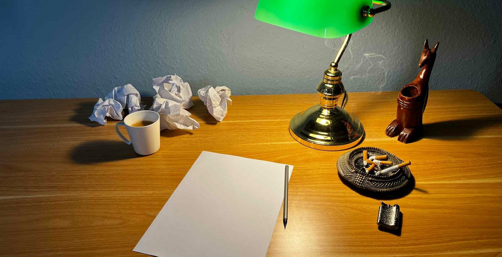 Auf dem Bild sieht man einen Schreibtisch mit einem Papier, einer Lampe und Zigaretten drauf. In der Ecke steht noch eine Tasse Kaffee (Foto: Gregory Sheftel) 