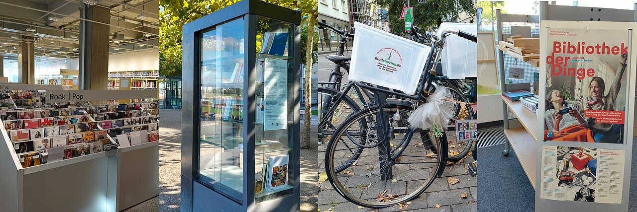Zu sehen ist eine Collage aus der Musiksammlung in der Bibliothek, einem öffentlichen Bücherschrank, einem Foodsharing Fahrrad und der Bibliothek der Dinge.