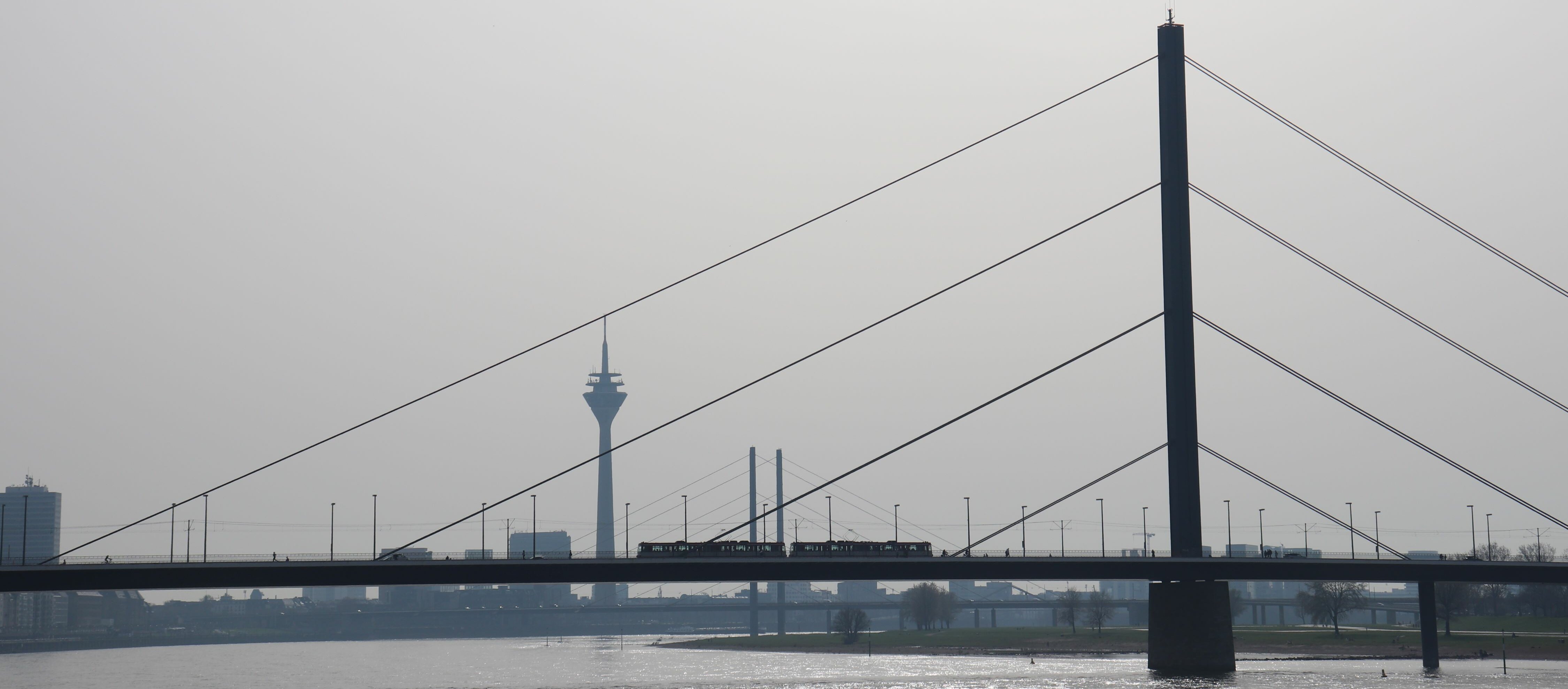 Auf dem Bild sieht man die Rheinkniebrücke und den Fernsehturm in Düsseldorf. Über die Brücke fährt eine Ubahn.