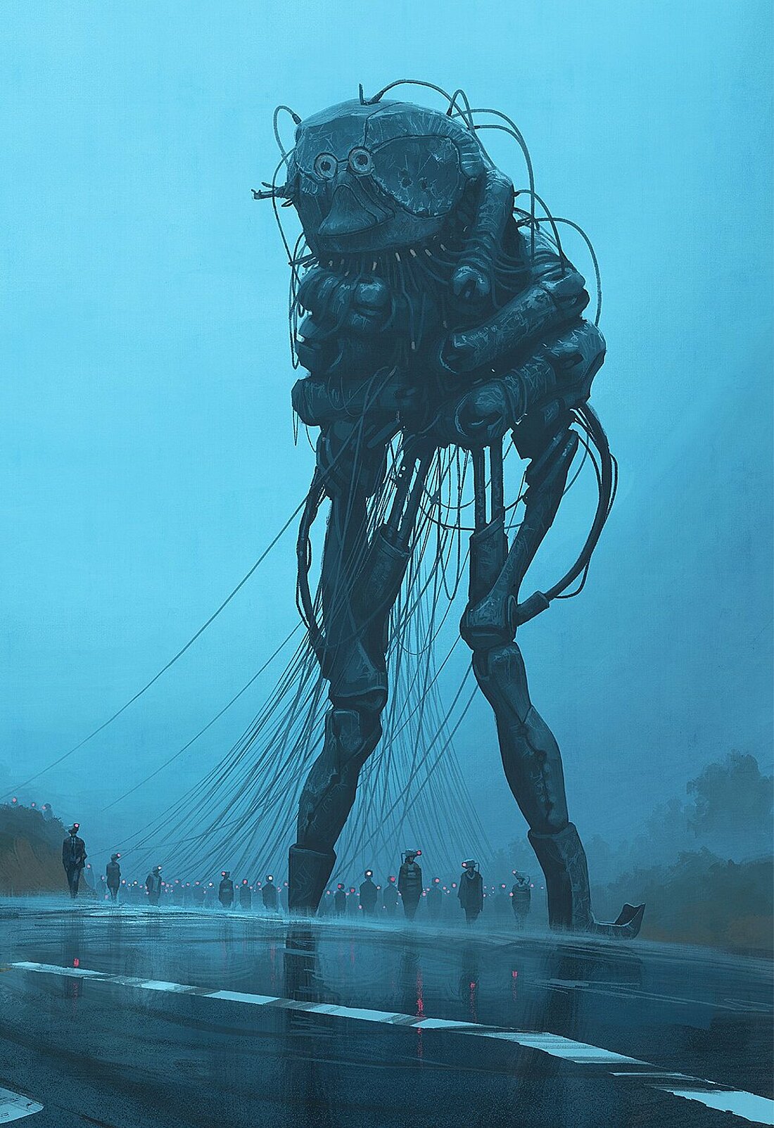 the electric state_04 Man sieht einen gigantischen Roboter mit Kabeln und viele Menschen, die Neurocaster tragen