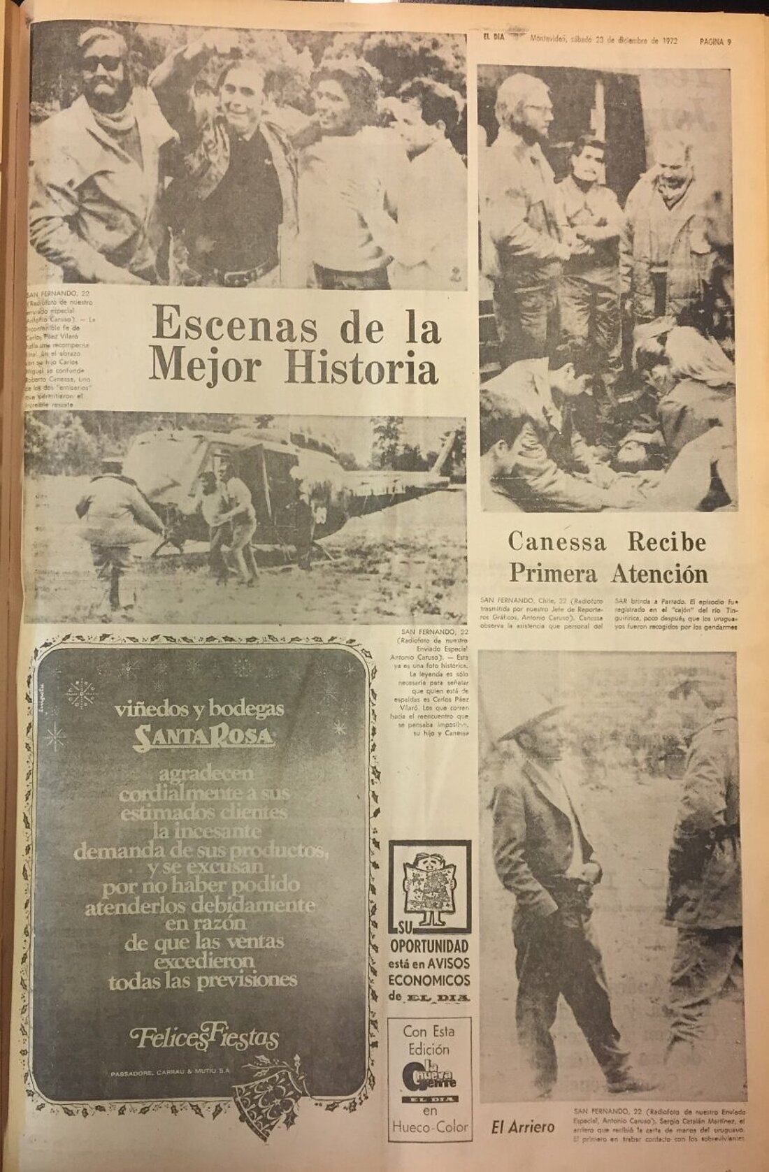 Auf dem Bild sieht man die neunte Seite von 'El Dia' vom 23.12.1972 und zeigt die Überlebenden kurz nach der Rettung und die Erste-Hilfe-Maßnahmen, sowie den Fuhrmann Sergio Catalán. 