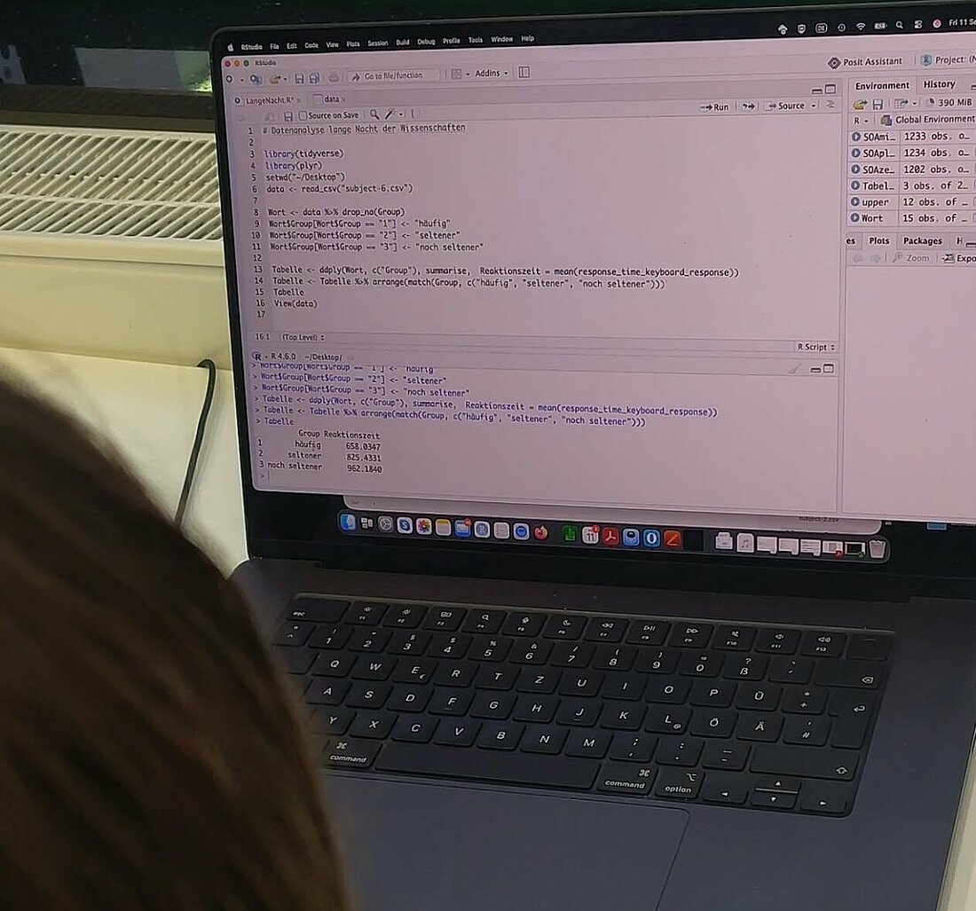 Auf dem Bild sieht man eine Person vor einem Laptop sitzen. Darauf ist ein Programmierprogramm geöffnet.