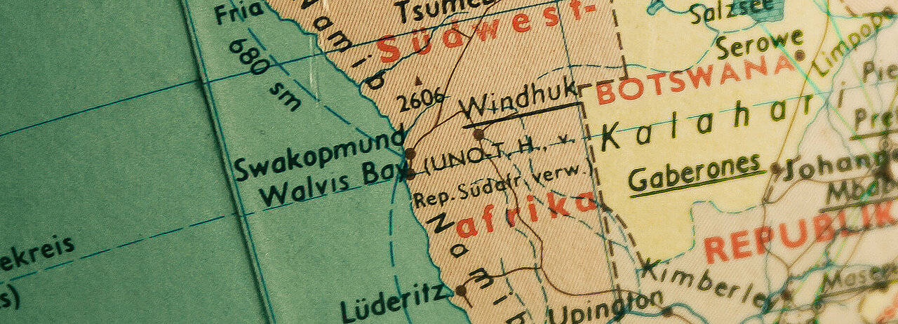 Zu sehen ist das ehemalige Südwestafrika – das heutige Namibia – auf einer alten Weltkarte.