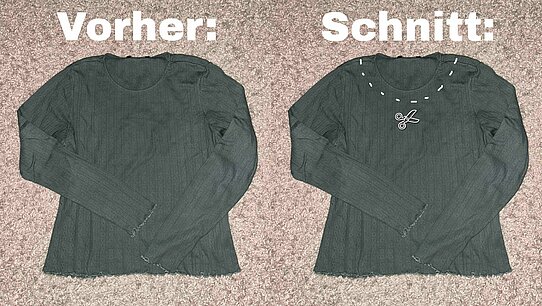 Auf dem Bild sieht man das Vorher und Nachher von dem Recycelten T-Shirt (Foto: Lena Sorgalla)
