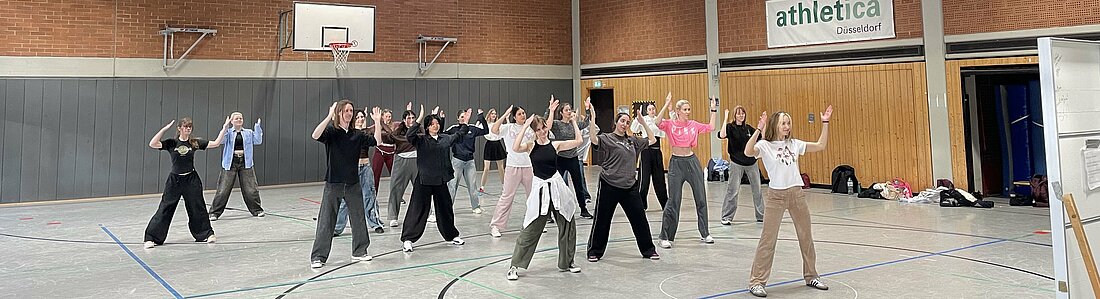 Auf dem Bild sieht man eine Gruppe von Leuten beim Tanzen in einer Sporthalle.