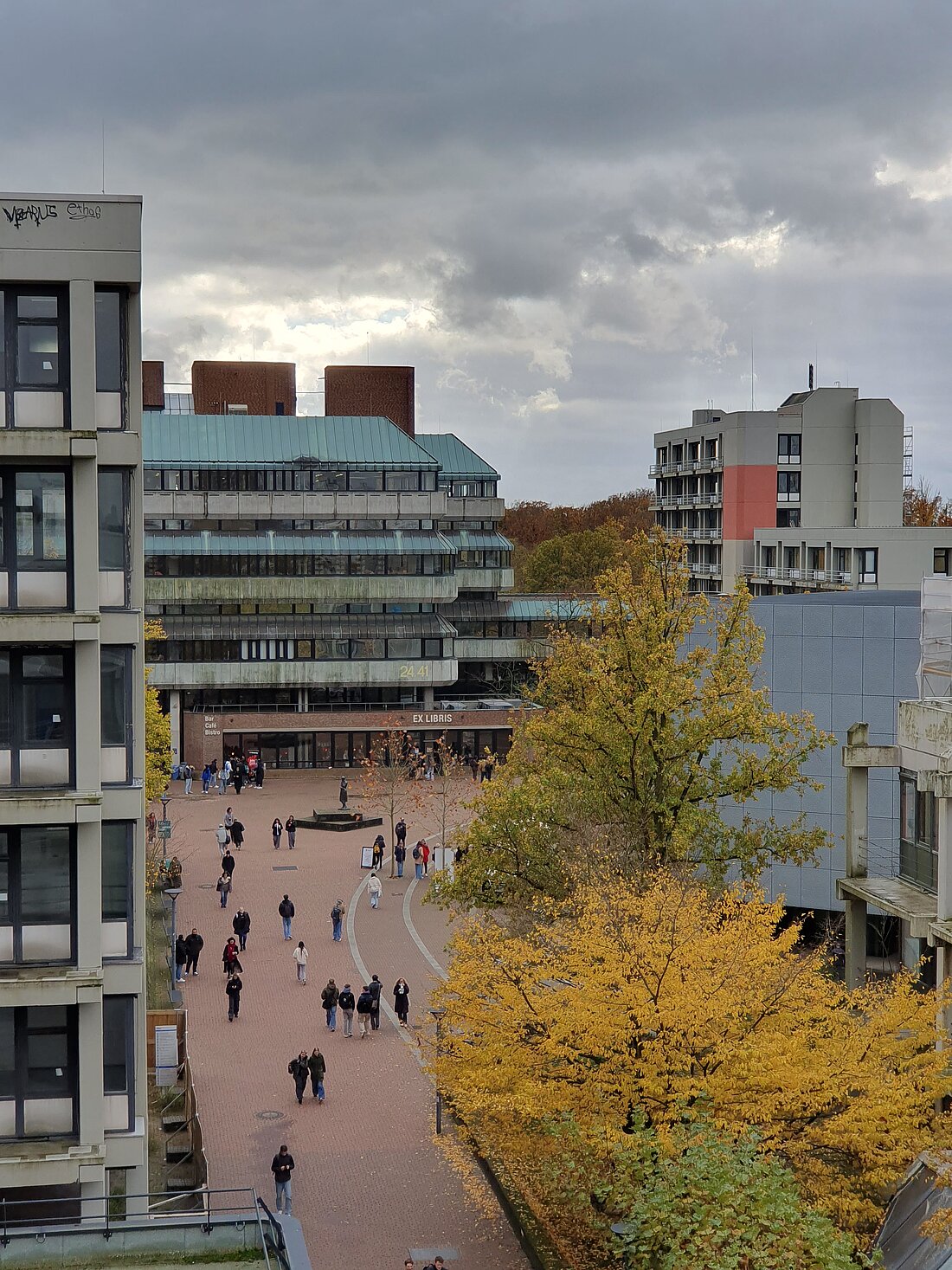 Ein Blick von oben auf das Campusgeschehen vor der ULB mit herbstlich braunen Bäumen.