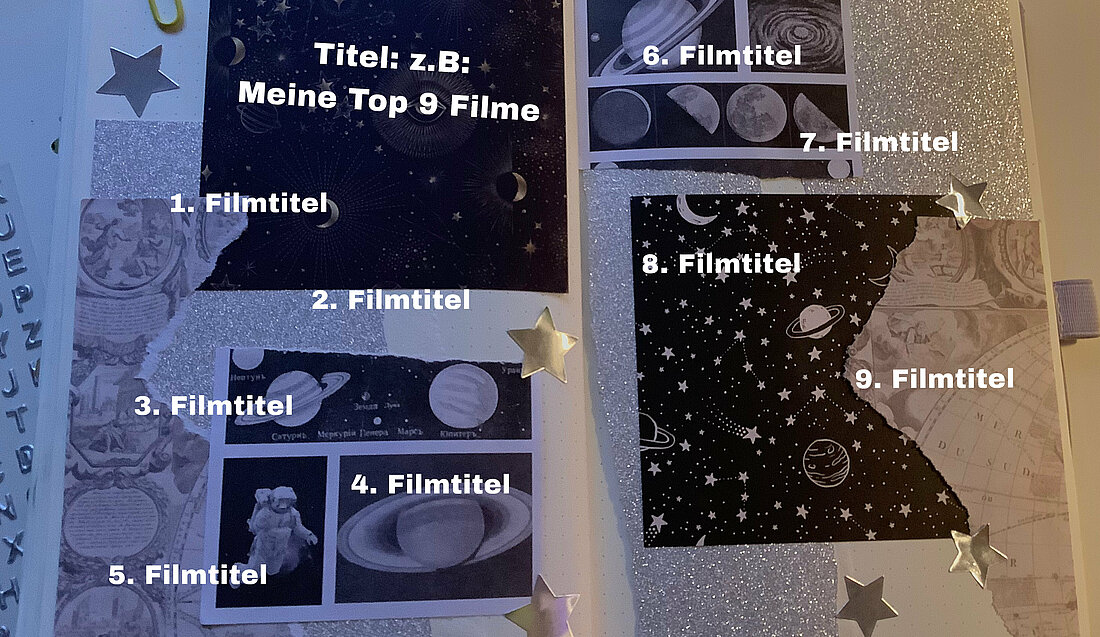 Auf dem Bild sieht man eine Beispielanordnung für die „Top 10 Filme" auf einer Scrapbook-Seite