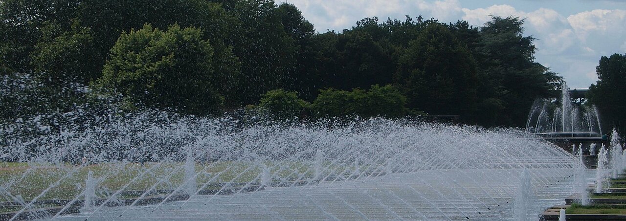 Auf dem Bild sieht man den Nordpark in Düsseldorf. Man sieht Wasserfontänen, die an beiden Seiten des Wegs sind.