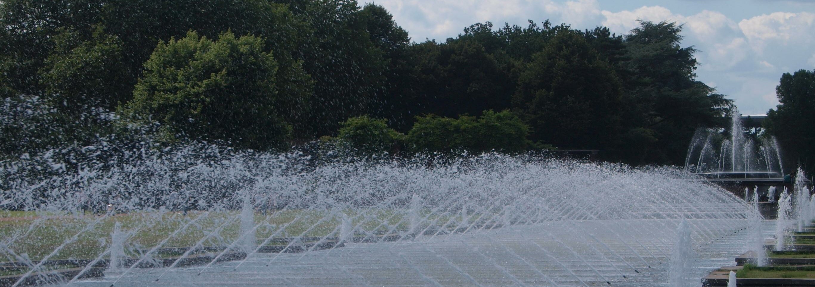 Auf dem Bild sieht man den Nordpark in Düsseldorf. Man sieht Wasserfontänen, die an beiden Seiten des Wegs sind.
