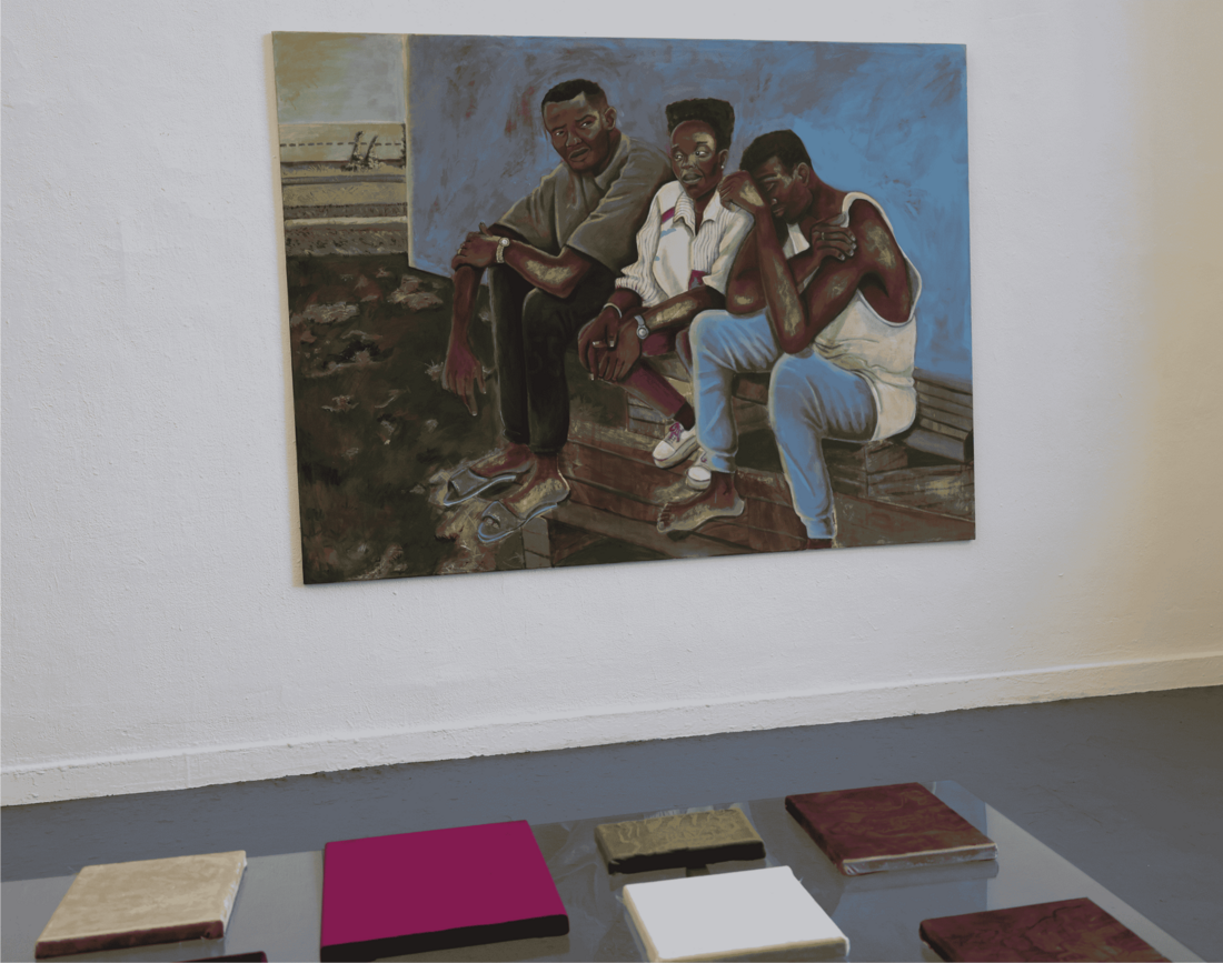 Eine große Leinwand mit Familienmitgliedern von der Künstlerin.