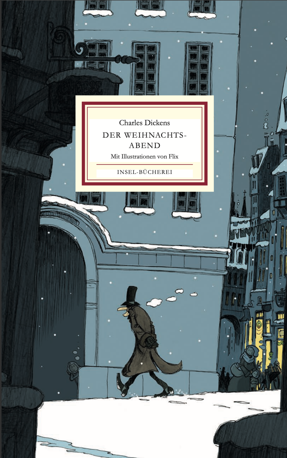 Auf dem Buchcover sieht man Ebenezer Scrooge, durch eine schneebedeckte Stadt laufen 