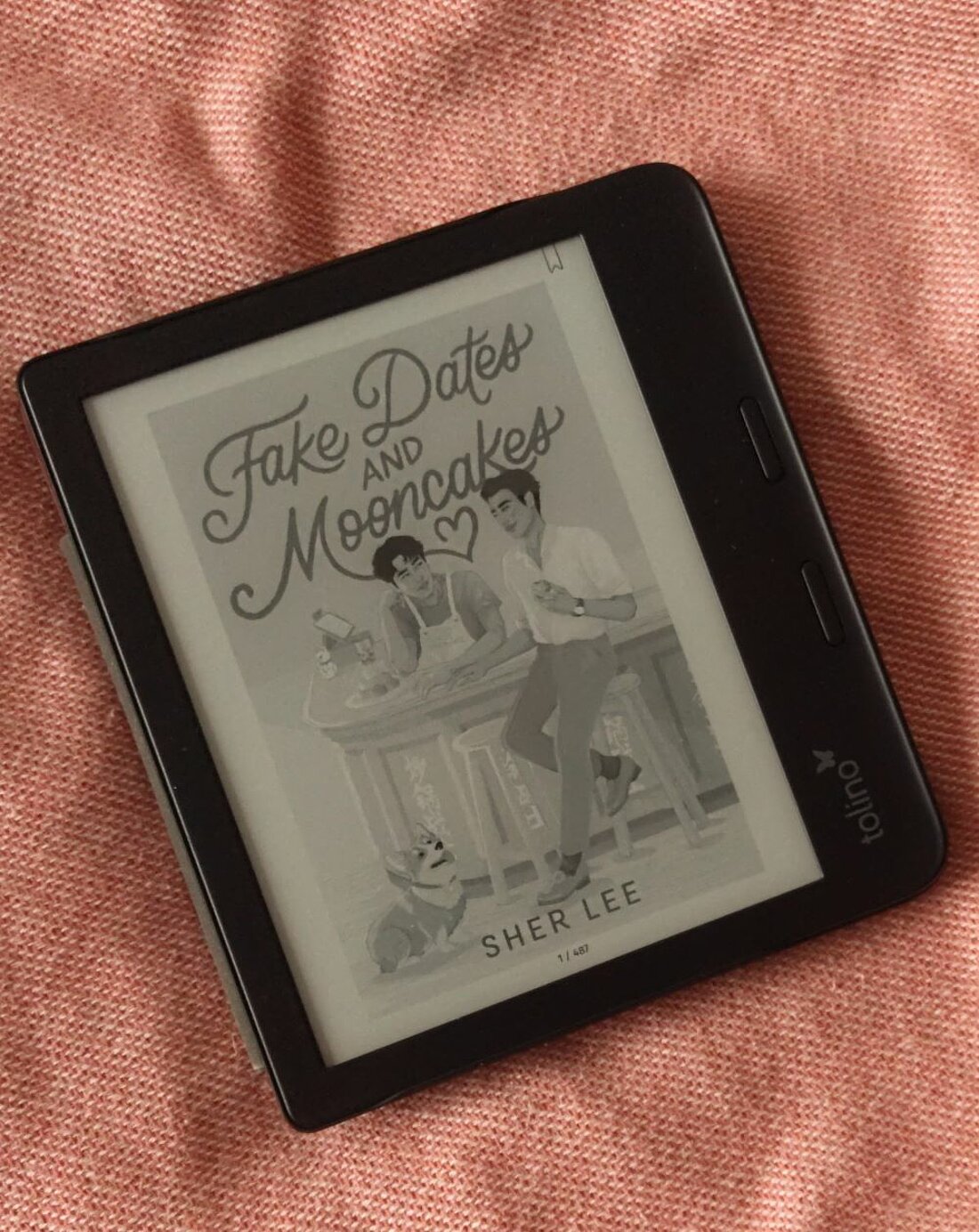 Das Foto zeigt das Buchcoover auf ein Tablet. Es ist in schwarzweiß. Auf dem Cover sind zwei junge Männer zu sehen, die an einen Tresen lehnen.