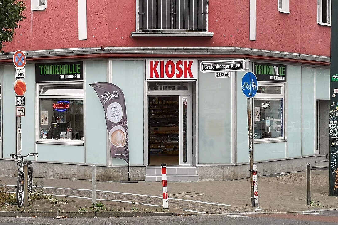 Man sieht eine eher unscheinbare Fassade eines Kiosks an der Grafenberger Allee.