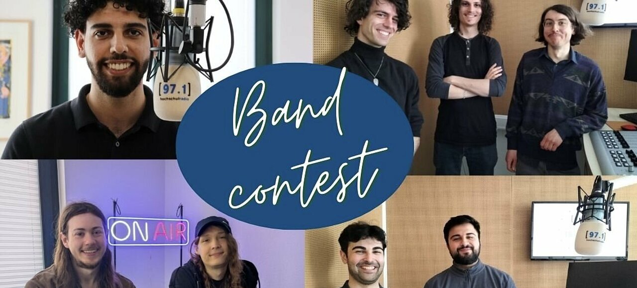 Das Bild ist eine Collage auf der alle Künstler:innen zu sehen sind. Oben links ist Cloud9ine. Er steht vor einem Mikrofon und lächelt in die Kamera. Daneben sind drei Bandmitglieder von Discoville. Sie stehen nebeneinander und lächeln in die Kamera. Unter dem Foto von Cloud9ine ist ein Foto von Sören und Juna von Fallout Station. Sie sitzen nebeneinander vor einem "On-Air Schild" und lächeln in die Kamera. Daneben sind Safespace Society zu sehen. Die beiden Jungs stehen nebeneinander und lächeln in die Kamera. Unter diesem Foto ist ein Foto WirSindBaend. Malte, Konstantin und Carlo von der Band stehen nebeneinander und lächlen in die Kamera. Untenlinks in der Ecke ist das Foto von Monarchist. Die vier Bandmitglieder stehen nebeneinander und lächeln in die Kamera. Relativ weit oben ist ein blauer Sticker mit der Aufschrift "bandcontest" zu sehen.