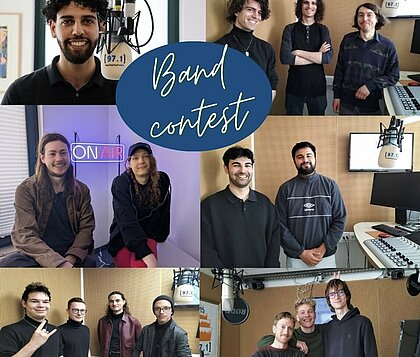 Das Bild ist eine Collage auf der alle Künstler:innen zu sehen sind. Oben links ist Cloud9ine. Er steht vor einem Mikrofon und lächelt in die Kamera. Daneben sind drei Bandmitglieder von Discoville. Sie stehen nebeneinander und lächeln in die Kamera. Unter dem Foto von Cloud9ine ist ein Foto von Sören und Juna von Fallout Station. Sie sitzen nebeneinander vor einem "On-Air Schild" und lächeln in die Kamera. Daneben sind Safespace Society zu sehen. Die beiden Jungs stehen nebeneinander und lächeln in die Kamera. Unter diesem Foto ist ein Foto WirSindBaend. Malte, Konstantin und Carlo von der Band stehen nebeneinander und lächlen in die Kamera. Untenlinks in der Ecke ist das Foto von Monarchist. Die vier Bandmitglieder stehen nebeneinander und lächeln in die Kamera. Relativ weit oben ist ein blauer Sticker mit der Aufschrift "bandcontest" zu sehen.