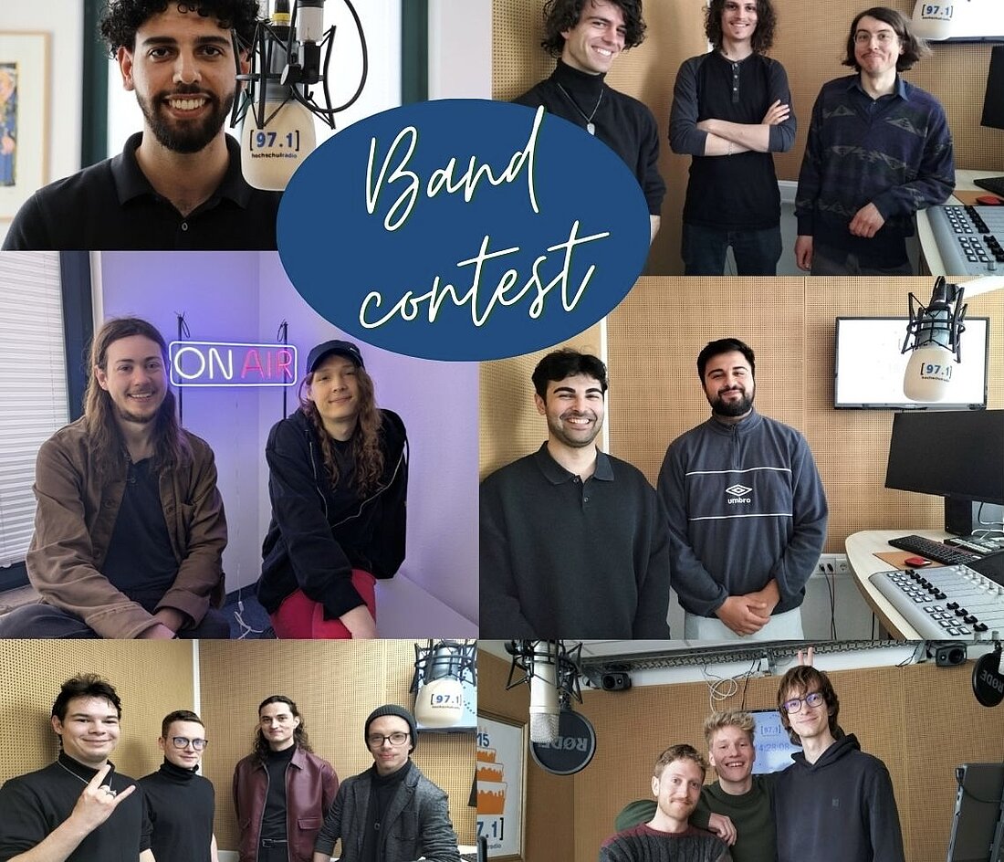 Das Bild ist eine Collage auf der alle Künstler:innen zu sehen sind. Oben links ist Cloud9ine. Er steht vor einem Mikrofon und lächelt in die Kamera. Daneben sind drei Bandmitglieder von Discoville. Sie stehen nebeneinander und lächeln in die Kamera. Unter dem Foto von Cloud9ine ist ein Foto von Sören und Juna von Fallout Station. Sie sitzen nebeneinander vor einem "On-Air Schild" und lächeln in die Kamera. Daneben sind Safespace Society zu sehen. Die beiden Jungs stehen nebeneinander und lächeln in die Kamera. Unter diesem Foto ist ein Foto WirSindBaend. Malte, Konstantin und Carlo von der Band stehen nebeneinander und lächlen in die Kamera. Untenlinks in der Ecke ist das Foto von Monarchist. Die vier Bandmitglieder stehen nebeneinander und lächeln in die Kamera. Relativ weit oben ist ein blauer Sticker mit der Aufschrift "bandcontest" zu sehen.
