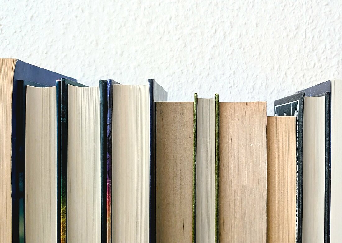 Mehrere aufrechtstehende Bücher mit dem Seitenschnitt nach vorne vor einer weißen Wand, Nahaufnahme.