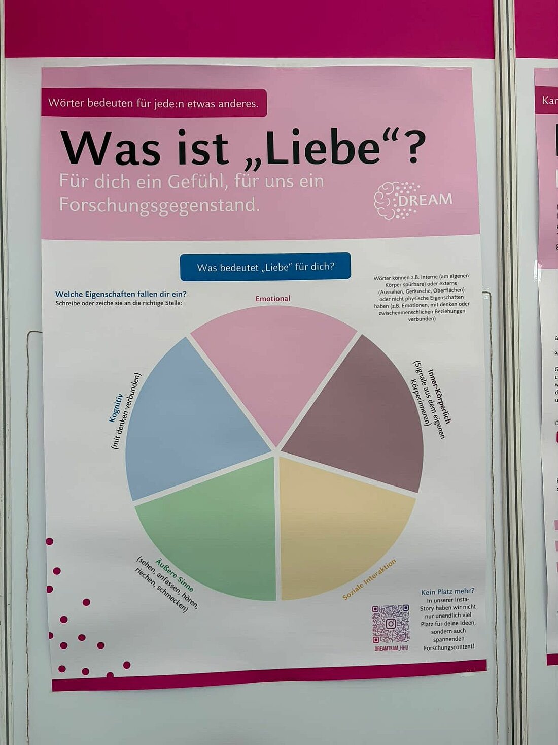Auf dem Foto sieht man ein Plakat mit der Überschrift "Was ist Liebe?" und einem interaktiven Part für Besucher:innen