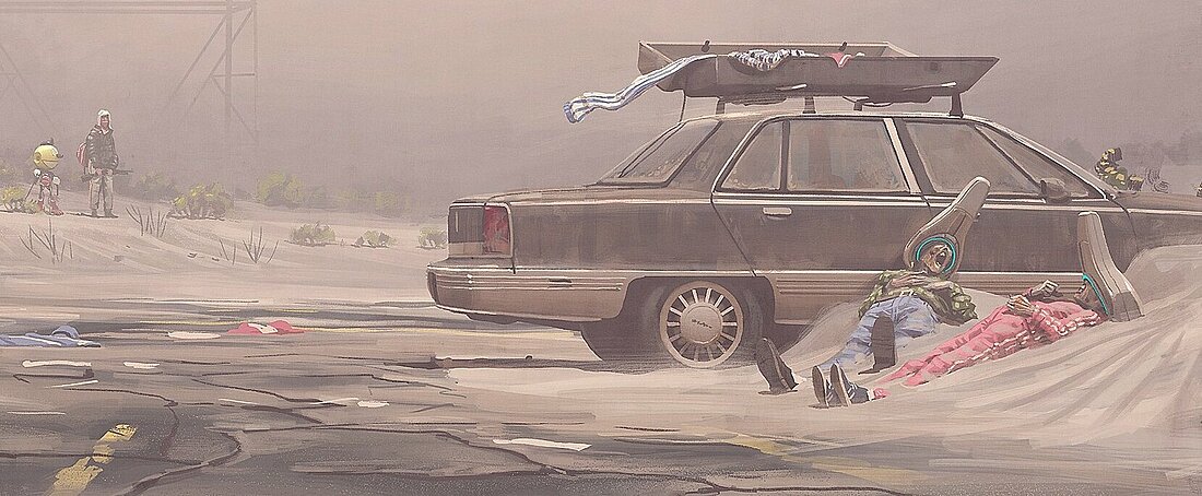 the electric state_01 Man sieht ein Auto und zwei Leichen mit Neurocastern im Sand