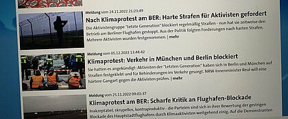 Klimaproteste werden zurzeit stark in den Medien thematisiert und kritisiert. (Foto: Emilie Hintzen) Auf dem Bild sind Schlagzeilen aus den Medien über Klimaproteste zu sehen.