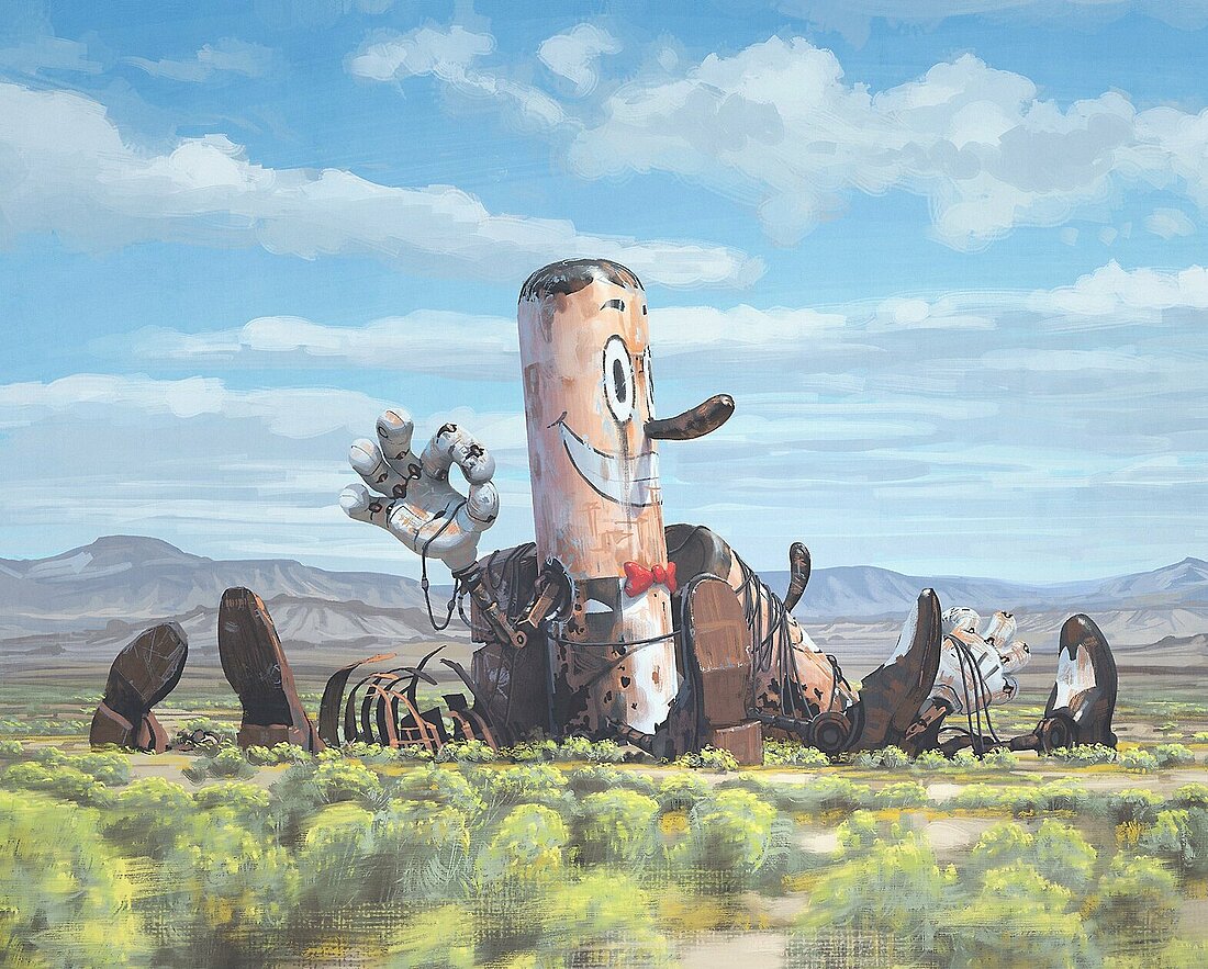 the electric state_03 Man sieht einen grinsenden Roboter auf der Erde sitzend