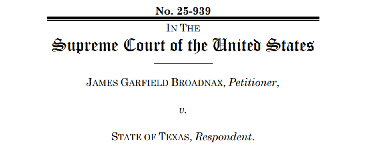 Zu sehen ist die Titelseite des Amicus-Curiae-Briefs an den Supreme Court der USA mit dem Fall James Garfield Broadnax. Vorgelegt von Travis Scott vom 9. März 2026.