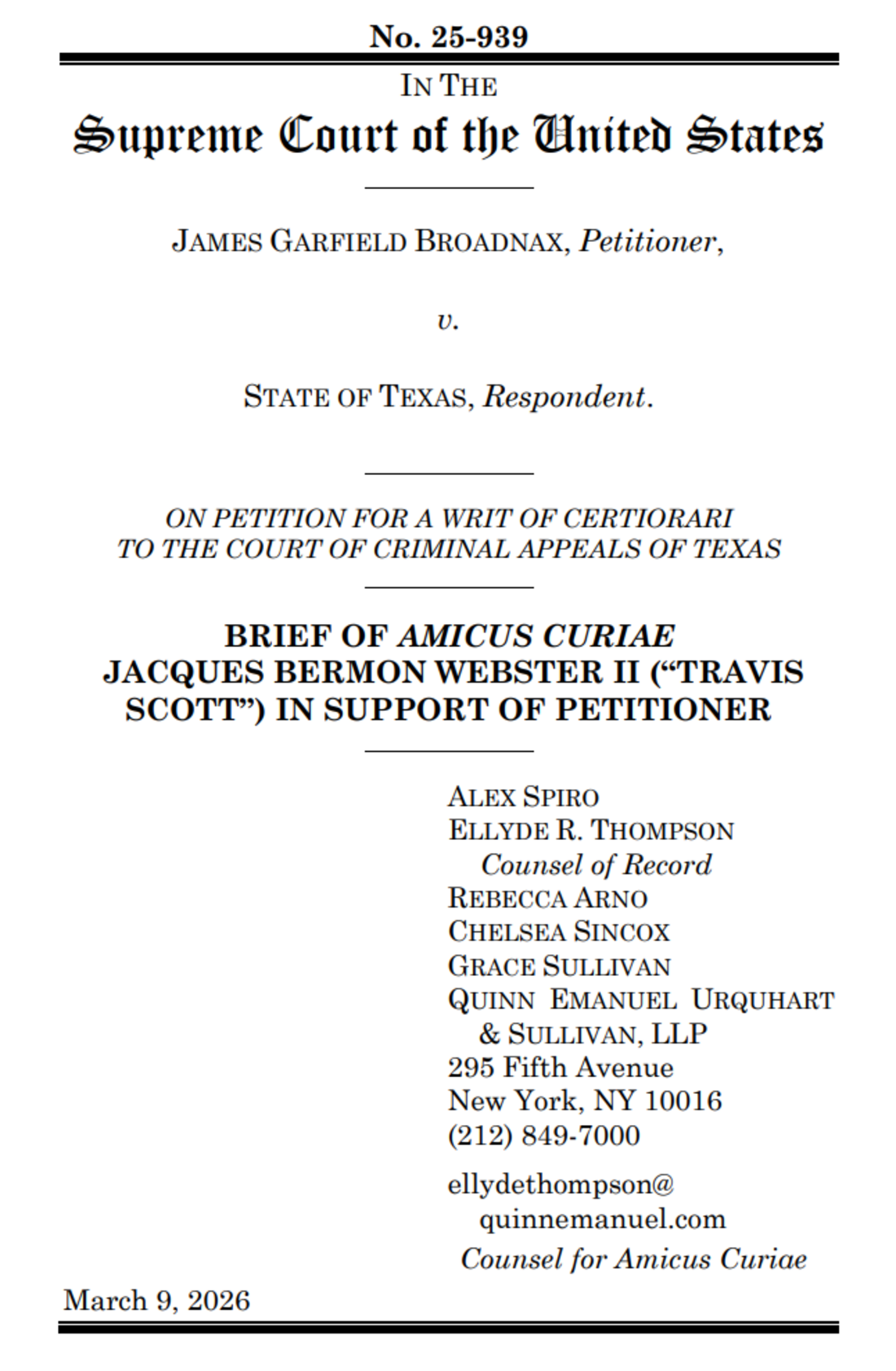 Zu sehen ist die Titelseite des Amicus-Curiae-Briefs an den Supreme Court der USA mit dem Fall James Garfield Broadnax. Vorgelegt von Travis Scott vom 9. März 2026.