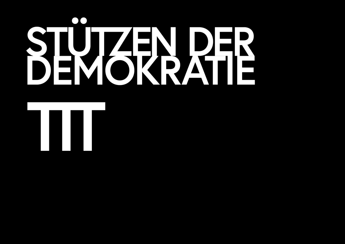 Man sieht das Logo von Stützen der Demokratie. Es ist auf einem schwarzen Hintergrund, die Schrift ist weiß. 