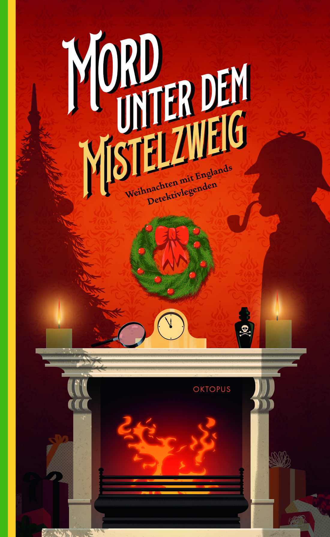 Auf diesem Buchcover sieht man einen Kamin der brennt und im Schatten einen Detektiv 