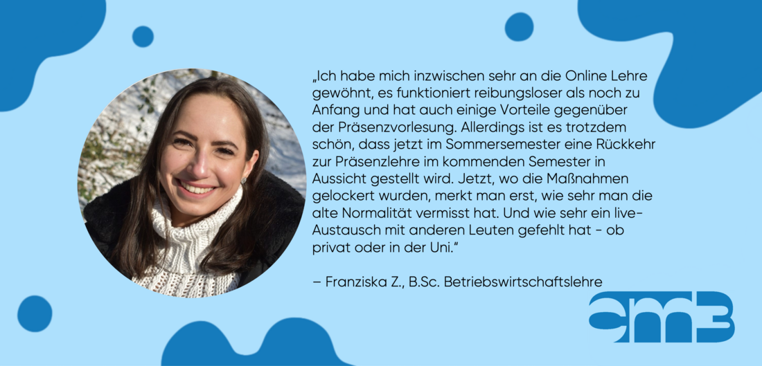 Zu sehen ist ein Zitat inklusive Bild von Franziska Z., Studierende der Betriebswirtschaftslehre an der HHU.