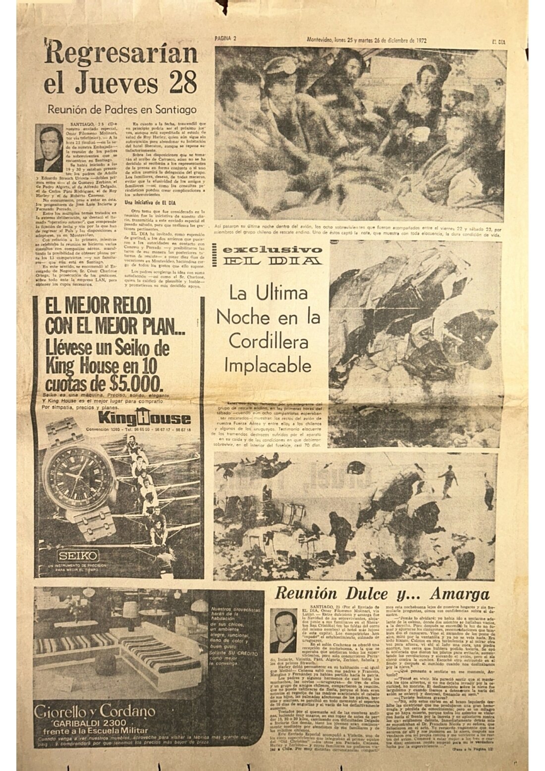 Das Bild zeigt die zweite Seite von 'El Dia' vom 25./26.12.1972 und zeigt Bilder vom Rumpf und den Insassen innerhalb. 