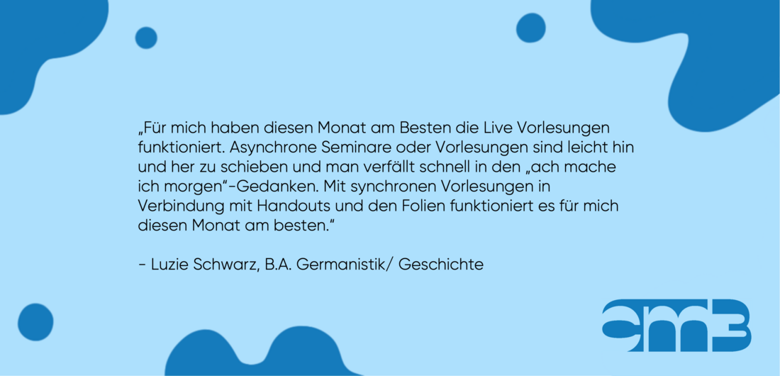 Zu sehen ist ein Zitat von Luzie Schwarz, Studierende der Germanistik und Geschichte an der HHU.