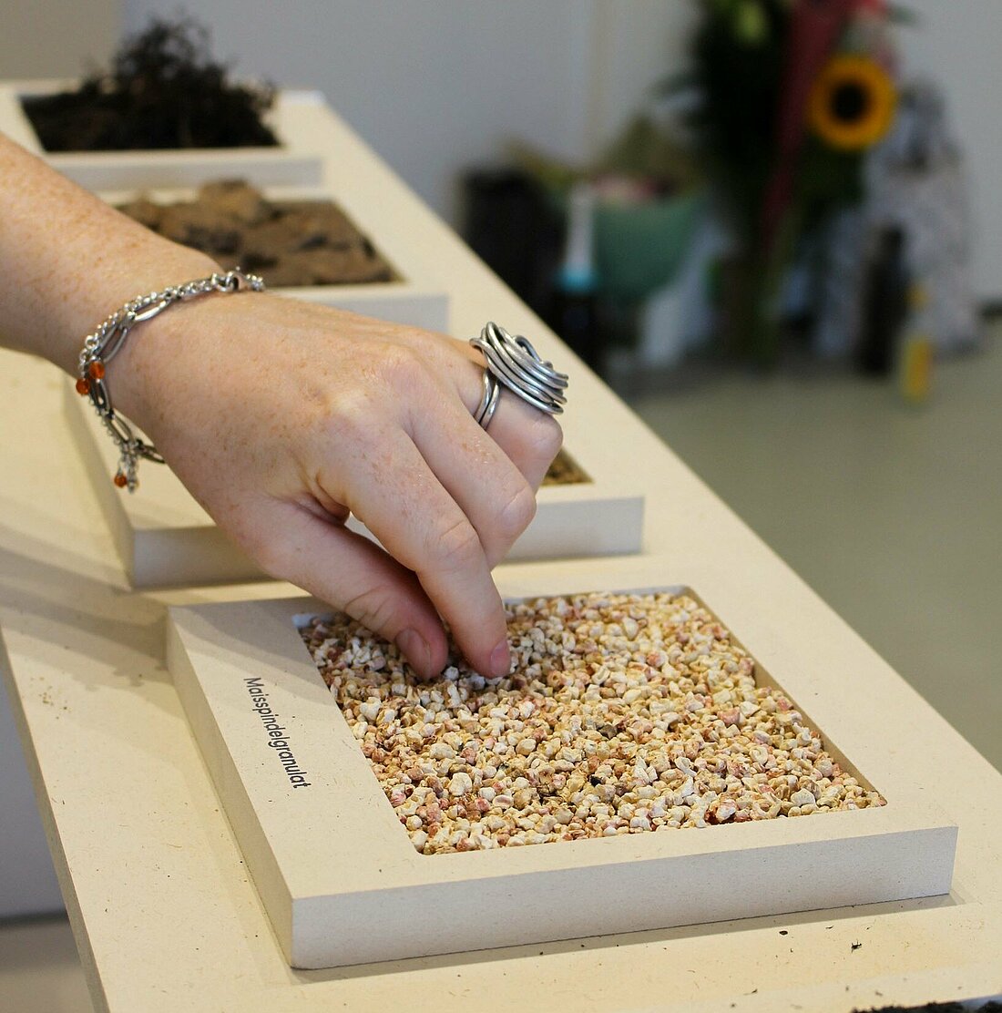 Eine Hand fasst Maisspindelgranulat in einer Schale an