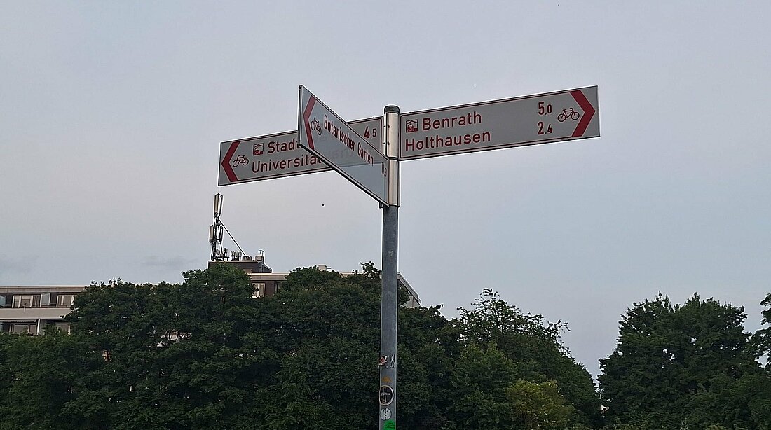 Zu sehen sind Radweg Hinweisschilder in Düsseldorf (Foto: Carolin Lutzka)