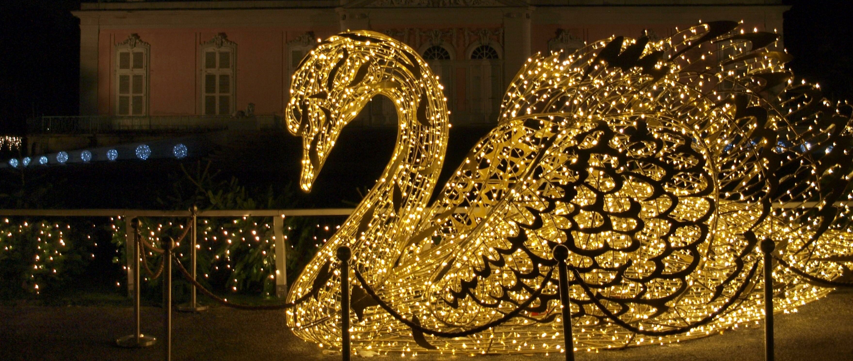 Vor Schloss Benrath ist ein Schwann aus Lichterketten